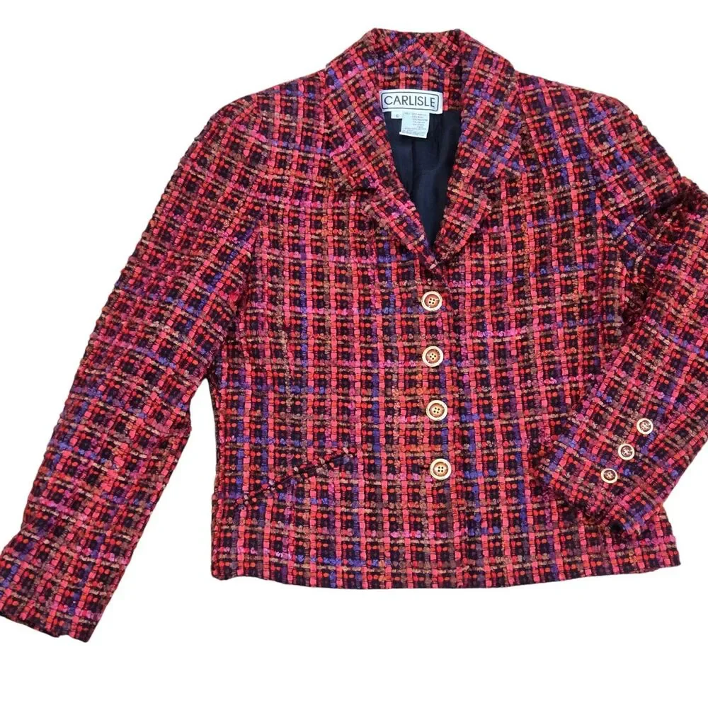 VTG Carlisle Womens Blazer Jacket Size 6 Red Purple Tweed Wool Blend Boucle Lady